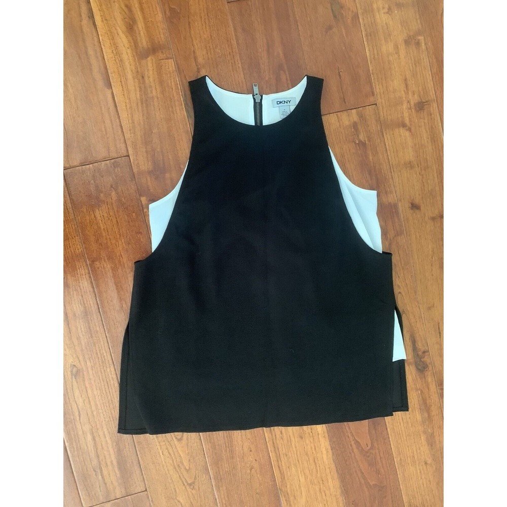 DKNY Double Layer Tank Top Size Medium Black White Exposed Zipper Sleeveless